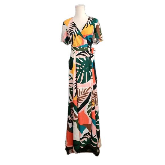 Anthropologie Hutch Size Small Kiera Flutter Sleeve Tropical Wrap Maxi Dress - Picture 2 of 6